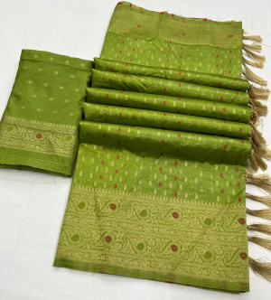 Pista green color dola silk saree with zari weaving work