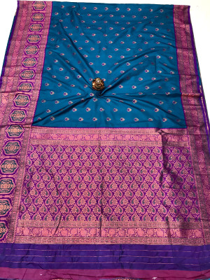 Firoji and purple color soft banarasi saree with zari weaving work