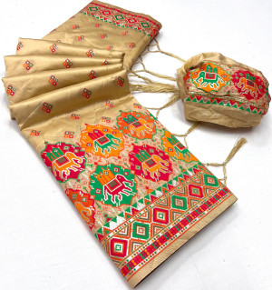 Beige color soft pashmina silk saree with woven design