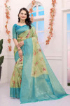 Pista green floral printed brasso silk saree with zari weaving work