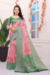 Pink floral printed brasso silk saree with zari weaving work