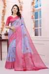 Light blue floral printed brasso silk saree with zari weaving work