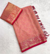 Peach banarasi pashmina silk saree with zari weaving work