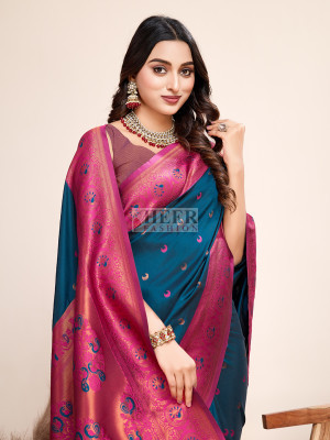 Traditional paithani silk teal blue jacquard saree