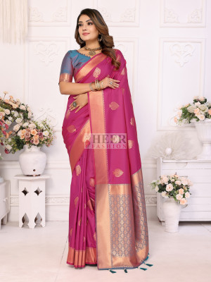 Pink rajwadi lichi silk saree with zari weaving work
