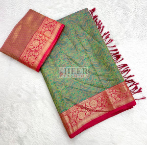 Sea green banarasi pashmina silk saree with zari weaving work