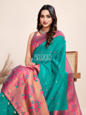 Traditional paithani silk rama green jacquard saree