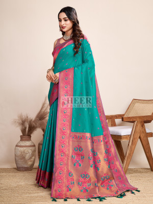 Traditional paithani silk rama green jacquard saree