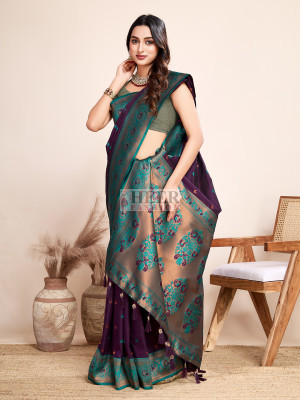 Traditional paithani silk wine jacquard saree