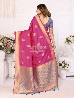 Pink rajwadi lichi silk saree with zari weaving work