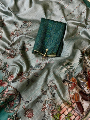 Light green kalamkari printed premium tussar silk saree