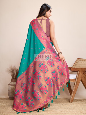 Traditional paithani silk rama green jacquard saree