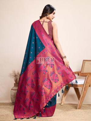Traditional paithani silk teal blue jacquard saree