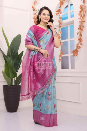 Sky blue floral printed brasso silk saree with zari weaving work