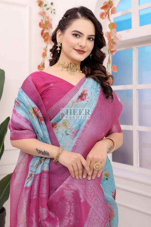 Sky blue floral printed brasso silk saree with zari weaving work