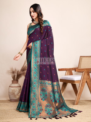 Traditional paithani silk wine jacquard saree