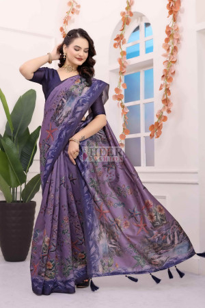 Lavender kalamkari printed premium tussar silk saree