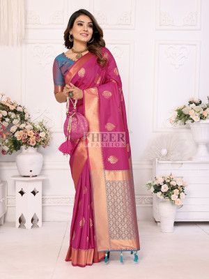 Pink rajwadi lichi silk saree with zari weaving work