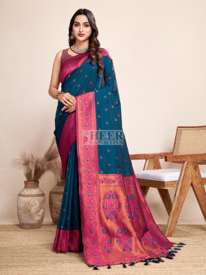 Traditional paithani silk teal blue jacquard saree