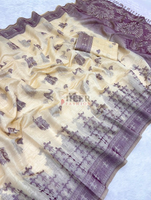 Cream premium muga silk saree with warli weaving work