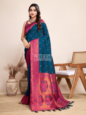 Traditional paithani silk teal blue jacquard saree