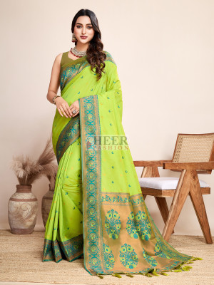 Green Teel Colour Border Paithani Pallu Parrot Deeign Half Tussar Saree With Running Blouse