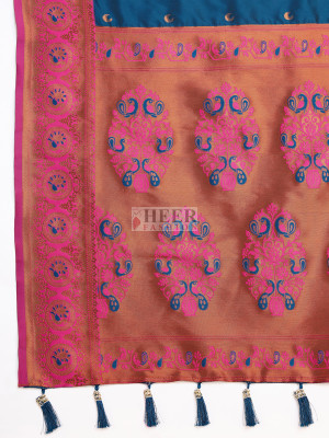 Traditional paithani silk teal blue jacquard saree