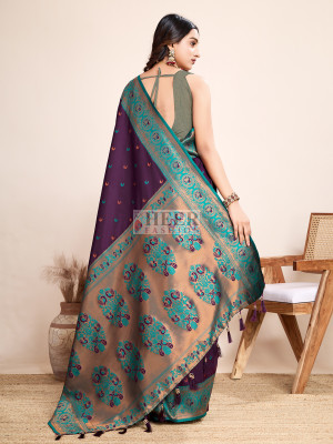 Traditional paithani silk wine jacquard saree
