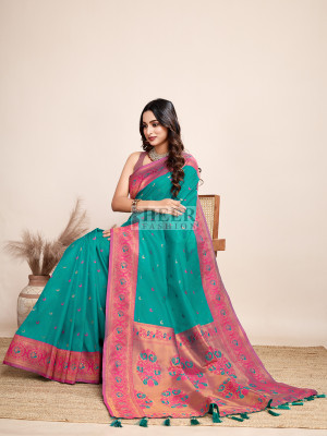 Traditional paithani silk rama green jacquard saree