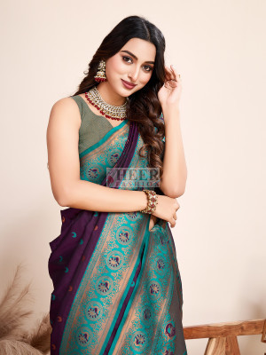 Traditional paithani silk wine jacquard saree
