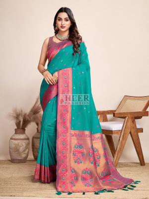 Traditional paithani silk rama green jacquard saree