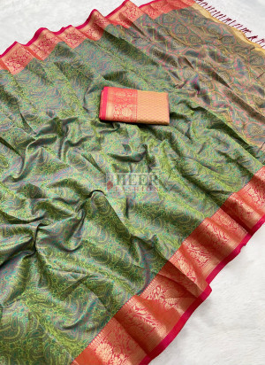 Sea green banarasi pashmina silk saree with zari weaving work