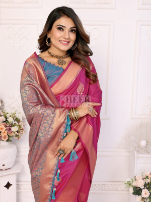 Pink rajwadi lichi silk saree with zari weaving work