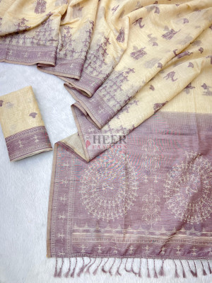 Cream premium muga silk saree with warli weaving work