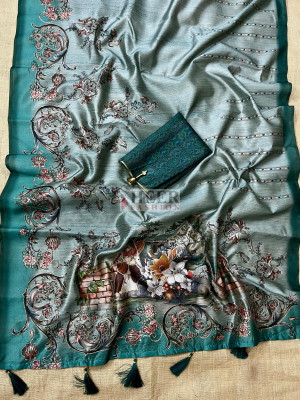 Light green kalamkari printed premium tussar silk saree