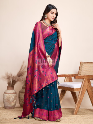 Traditional paithani silk teal blue jacquard saree