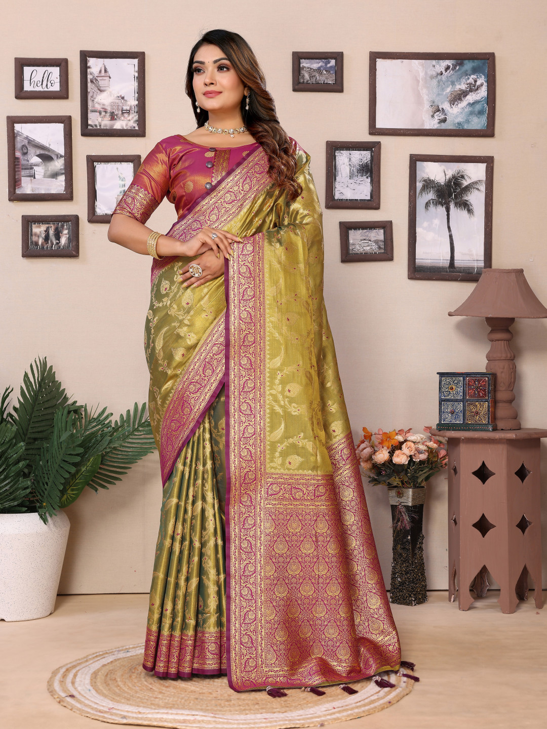 Mahendi Designer Banarasi Silk Saree for Women –  Woven Floral Saree with Blouse main image 1
