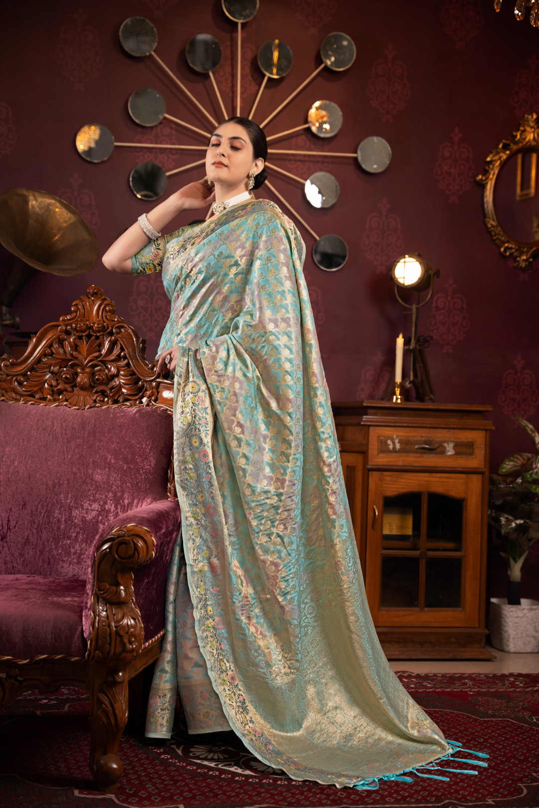 Organza silk saree x light gold zari - Teal Blue x Red main image 0