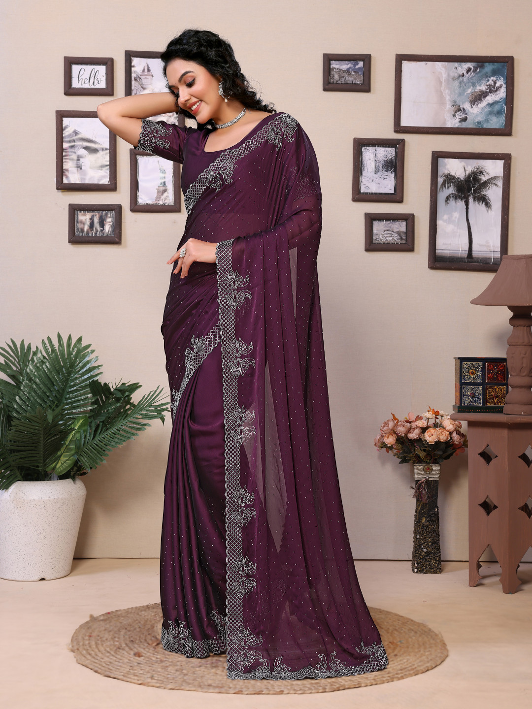 Women Party Wear Diamond Worked Rangoli Silk Saree with Un Stitched Blouse