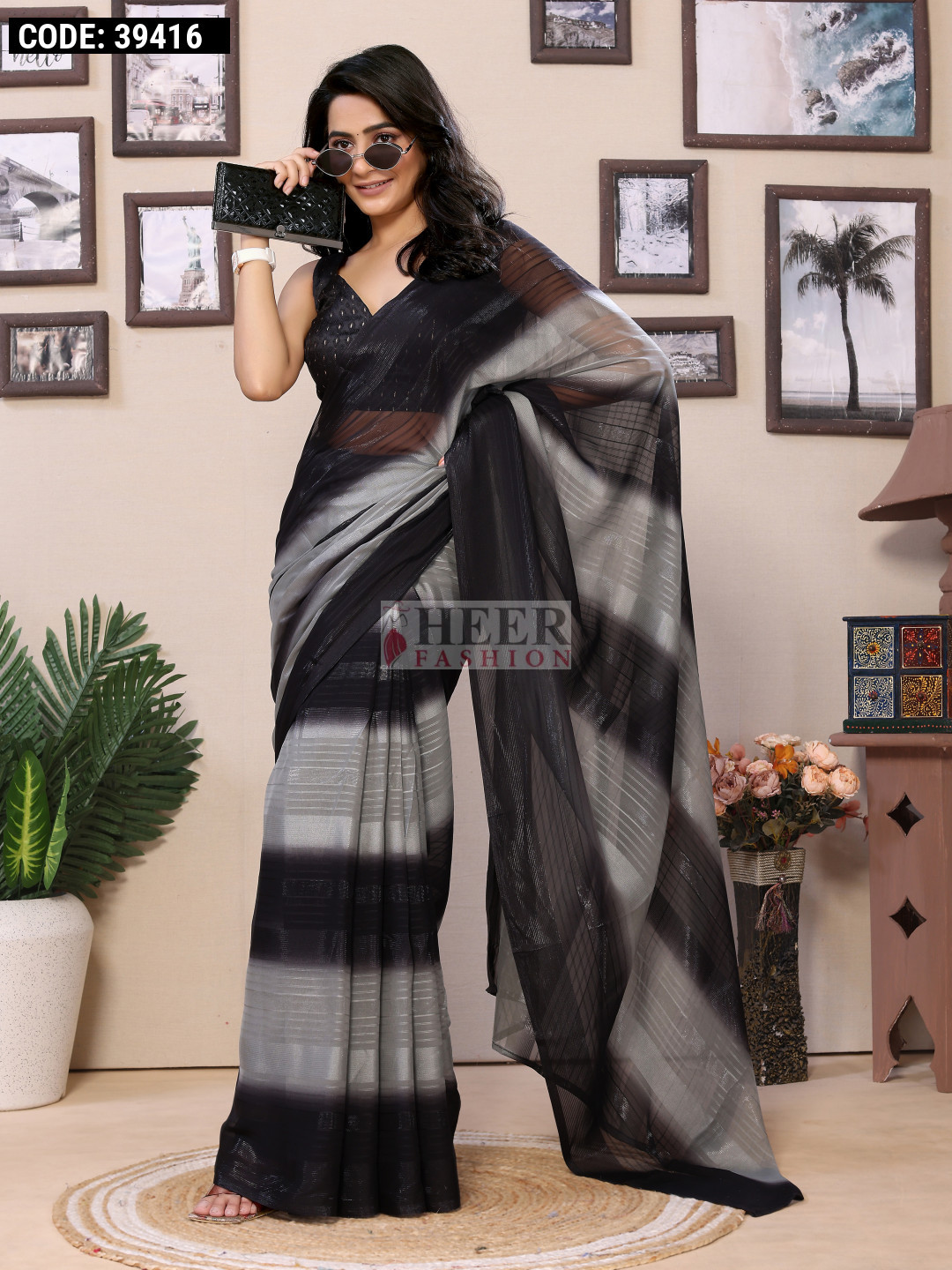 Dhun Zari Stripe Patch Slit Dress