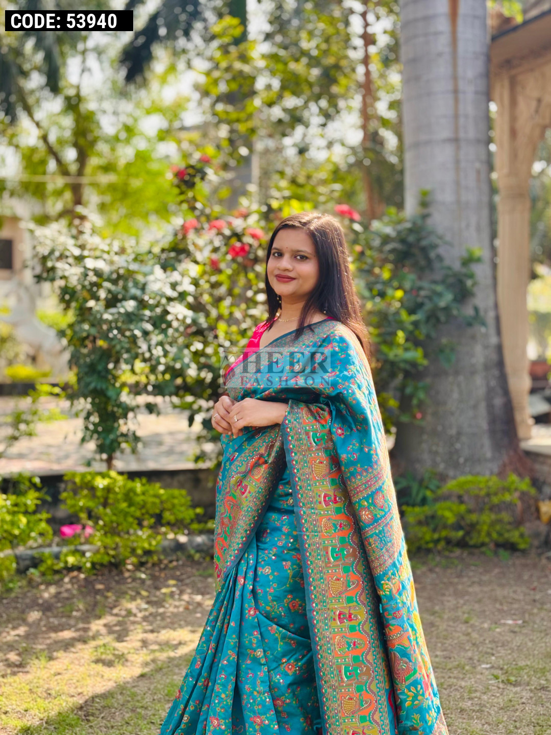 Rama green color soft pashmina silk saree with woven design