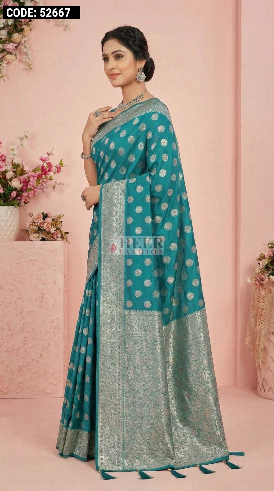 52667 Rama green color banarasi silk saree with zari weaving work